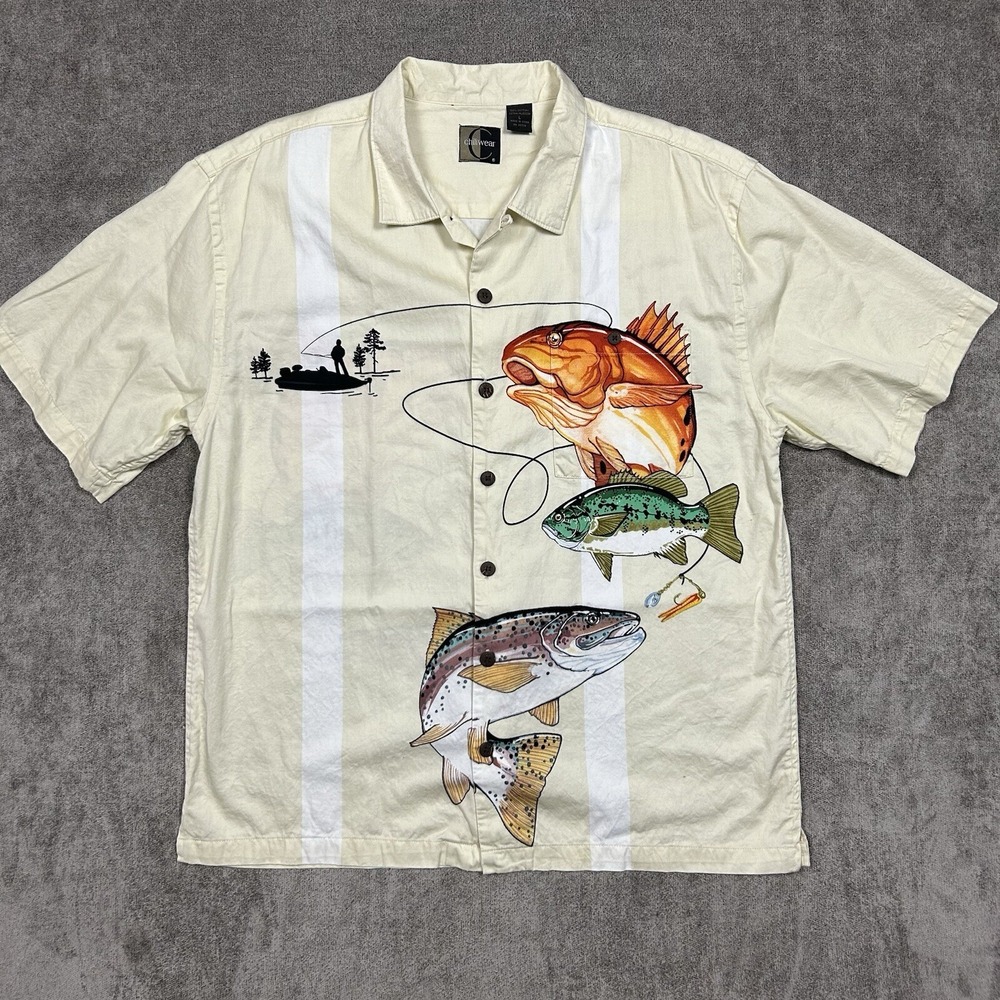 Chiliwear Camp Collar Hawaiian Shirt Large Bass Fishing Cotton Casual Off White